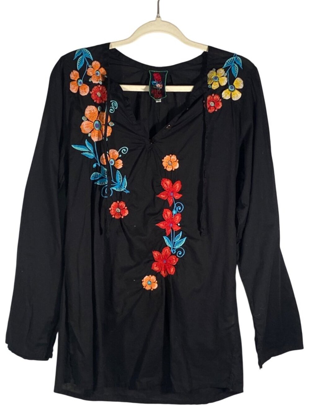 Johnny Was Black Long Sleeve Floral Embroidered Cotton Blouse L lightweight